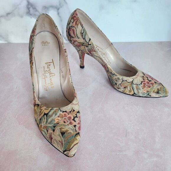 Troylings women's '90s vintage size 8 floral tapestry pointed toe high heels pum - Picture 2 of 6